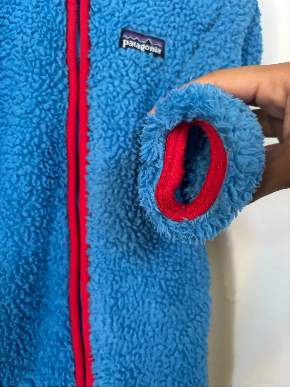 Patagonia Baby Fleece Bunting Size 3M Blue Red Hooded Footed